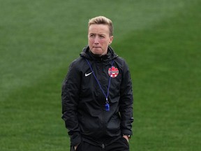 Canada coach Bev Priestman looks on during a training session at the FIFA Women's World Cup in Melbourne, Australia, Sunday, July 30, 2023. Priestman names her roster for the inaugural CONCACAF W Gold Cup later this month in the U.S.
