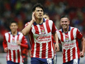 Erick Gutierrez of Mexico's Guadalajara celebrates his goal against Canada's Forge FC, during a CONCACAF Champions Cup soccer match in Zapopan, Mexico, Tuesday, Feb. 13, 2024.