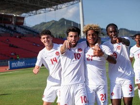 Myles Morgan (21) celebrates a goal in Canada's 8-0 win over Dominica in CONCACAF U-20 Championship qualifying play in Port-of-Spain,Trinidad, in this Friday, February 23, 2024 handout photo.
