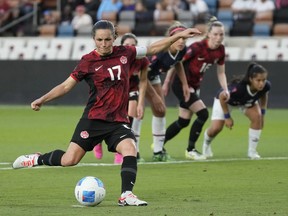 Canada midfielder Jessie Fleming (17) takes a penalty kick but the ball hits the post during stoppage time during the second half of the CONCACAF W Gold Cup match against Paraguay, Sunday, Feb. 25, 2024 at Shell Energy Stadium in Houston.