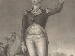 A cropped version of a print showing George Washington in his military uniform. Library of Congress