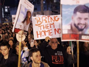 Demonstrators during a rally demanding the release of hostages held by Hamas operatives in Tel Aviv, Israel, on Saturday, Jan. 6, 2024.