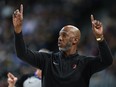 Portland Trail Blazers head coach Chauncey Billups directs his team against the Denver Nuggets in the first half of an NBA basketball game Sunday, Feb. 4, 2024, in Denver.