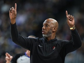 Portland Trail Blazers head coach Chauncey Billups directs his team against the Denver Nuggets in the first half of an NBA basketball game Sunday, Feb. 4, 2024, in Denver.