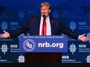 Former U.S. president and 2024 presidential hopeful Donald Trump addresses Christian broadcasters at the National Religious Broadcasters (NRB) International Christian Media Convention in Nashville, on Feb. 22, 2024.