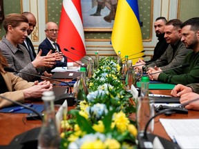 Ukraine's President Volodymyr Zelensky (right) and Denmark's Prime Minister Mette Frederiksen meet in Lviv on Feb. 23, 2024 amid the Russian invasion of Ukraine.
