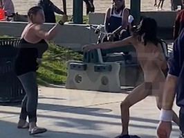 Screenshot of two women fighting with spiked clubs at Venice Beach, Calif.
