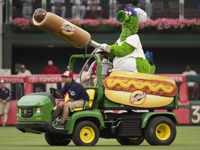 The Phillie Phanatic comes out with his Hot Dog Launcher during a game.