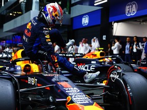 Pole position qualifier Max Verstappen driving the (1) Oracle Red Bull Racing RB20 stops in parc ferme.
