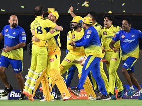 Chennai Super Kings players celebrate their win at the end of the Indian Premier League (IPL) Twenty20 final.