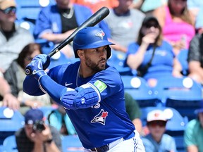 George Springer of the Toronto Blue Jays takes an at bat in the first inning against the Baltimore Orioles.