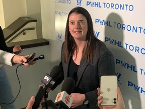 Toronto PWHL general manager Gina Kingsbury speaks with media members in Toronto on Nov. 15, 2023.