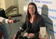 Toronto PWHL general manager Gina Kingsbury speaks with media members in Toronto on Nov. 15, 2023.