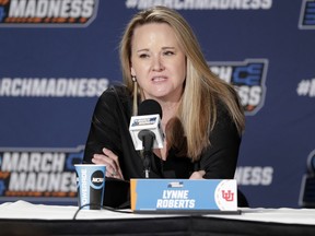 Utah head coach Lynne Roberts speaks during a press conference after a second-round college basketball game against Gonzaga.
