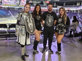Lady Elaine (left) and other Henderson Silver Knights cheer crew members pose before an AHL game at Lee’s Family Forum (formerly known as The Dollar Loan Center) in Henderson, Nev.