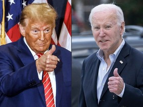 This combination of pictures created on March 6, 2024 shows former U.S. president and Republican presidential hopeful Donald Trump in Clinton, Iowa, on Jan. 6, 2024 and U.S. President Joe Biden in Rehoboth Beach, Delaware, on Nov. 4, 2023.