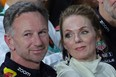 Red Bull Racing team principal Christian Horner along with his wife, Spice Girls singer Geri Halliwell, attends the podium ceremony of the Saudi Arabian Formula One Grand Prix at the Jeddah Corniche Circuit in Jeddah on March 9, 2024.