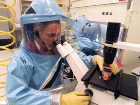 Scientists work at the National Microbiology Laboratory in Winnipeg.