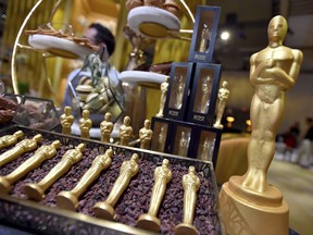 Oscar statuettes are displayed