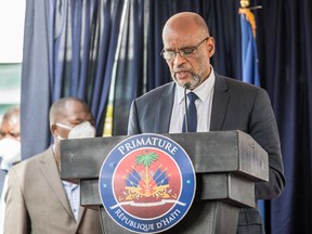 Designated Prime Minister Ariel Henry speaks during a ceremony at La Primature in Port-au-Prince, Haiti, on July 20, 2021.