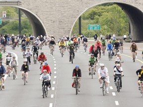 Thousands of cyclists ride down the Don Valley Parkway, between Lawrence Ave. E. and Wynford Dr., during the annual Becel for Heart & Stroke Ride for Heart in 2020.