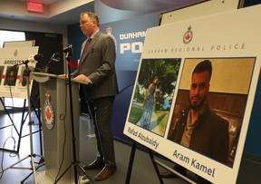 Durham Regional Police Homicide Det.-Sgt. Brad Corner announces that three men have been charged in the 2023 the murders of Aram Kamel, 28, and his pregnant wife Rafad Alzubaidy, 26, during a press conference in Bowmanville on March 8, 2024.