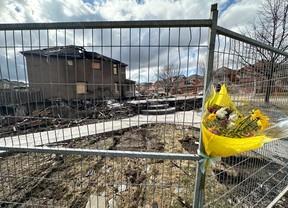 The charred remnants of a house at Van Kirk Dr. and Big Sky Rd., in Brampton, where a fire killed three members – Rajiv Warikoo, 51, his wife Shilpa Kotha, 47, and their daughter Mahek, 16 – is seen on Friday, March 15, 2024.