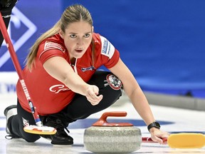 Canada's Briane Harris releases a rockin during the bronze medal match between Canada and Sweden of the LGT World Women's Curling Championship at Goransson Arena in Sandviken, Sweden, Sunday, March 26, 2023.