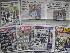 A montage of the front pages of some of Britain's Sunday newspapers pictured in London, Sunday, March 24, 2024.