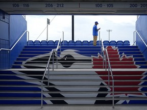 An usher waits for fans to arrive at TD Ballpark before a spring training baseball game between the Toronto Blue Jays and the Philadelphia Phillies Monday, March 4, 2024, in Dunedin, Fla.