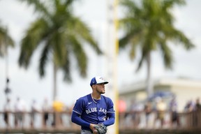 Blue Jays starting pitcher Jose Berrios pitches in the third inning of a spring training game against the Pittsburgh Pirates Tuesday, March 5, 2024, in Bradenton, Fla.
