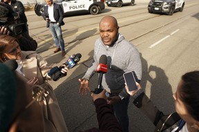 City councillor Chris Moise speaks to journalists about a shooting in his Toronto Centre ward in March 2024