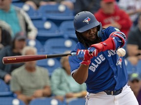 Blue Jays first baseman Vladimir Guerrero Jr. takes a swing during spring training action against the Boston Red Sox on Friday, March 22, 2024, in Dunedin, Fla.
