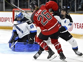 Toronto goaltender Kristen Campbell makes a stick save.