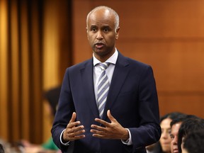 International Development Minister Ahmed Hussen rises during Question Period in the House of Commons on Parliament Hill in Ottawa, Monday, Oct. 16, 2023. THE CANADIAN PRESS/ Patrick Doyle