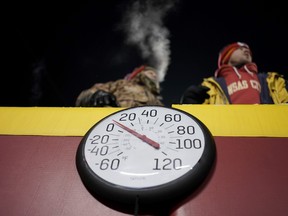 A gauge displays the temperature on the field at Arrowhead Stadium during the first half of an NFL wild-card playoff football game between the Kansas City Chiefs and the Miami Dolphins, Jan. 13, 2024, in Kansas City, Mo. Some of the people who attended the near-record cold Chiefs playoff game in January had to undergo amputations, a Missouri hospital said Friday, March 8, 2024.