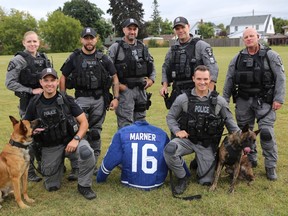 The Durham Regional Police the K9 Unit is seen here with their new and improved Mitch Marner-themed canine apprehension training suit, which was donated by the Toronto Maple Leafs star.