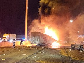 An image from OPP of a tractor trailer on fire on Hwy. 401 on Friday, March 8, 2024.