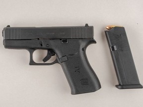 A Glock 43X allegedly seized from a vehicle in Mississauga on March 9, 2024. Xavier Khan-Lewis of Brampton faces charges.