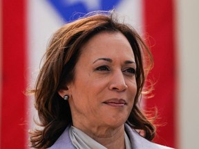US Vice President Kamala Harris waits to speak after touring a private home in Canovanas, Puerto Rico, on March 22, 2024.