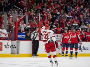 Carolina Hurricanes center Evgeny Kuznetsov (92) is honoured with a video tribute by his former team, the Washington Capitals, during a break in the first period of an NHL hockey game, Friday, March 22, 2024, in Washington.