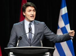 Minister Justin Trudeau speaks at an event hosted by the Hellenic community in Toronto during a visit of the Greek prime minister, Monday, March 25, 2024.