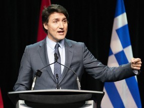 Minister Justin Trudeau speaks at an event hosted by the Hellenic community in Toronto during a visit of the Greek prime minister, Monday, March 25, 2024.