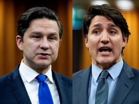 Two images side by side, Pierre Poilievre and Justin Trudeau