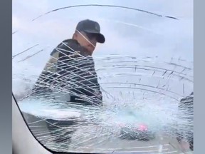 Smashed windshield from inside the car