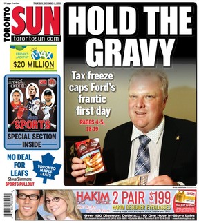 HOLD THE GRAVY: Tax freeze caps Rob Ford's frantic first day. Toronto Sun frontpage for Thursday November 2, 2010.