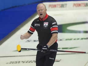 Team Ontario skip Scott Howard celebrates after defeating Team B.C. 7-5 during Draw 2 of the Montana's Brier in Regina, Saturday, March 2, 2024.
