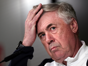 Real Madrid's Italian coach Carlo Ancelotti holds a press conference at the Ciudad Real Madrid training ground in Valdebebas, outskirts of Madrid, on February 9, 2024 on the eve of their La Liga football match against Girona FC. Spain prosecutors seek jail term for football manager Carlo Ancelotti for tax evasion AFP reports on March 6, 2024. (Photo by THOMAS COEX/AFP via Getty Images)