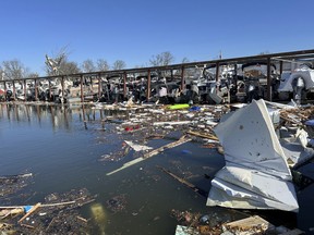 Damaged boat docks are seen
