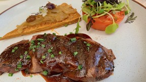 Hitting all the right notes at brunch is a bavette steak with an onion tart at Stanley in Le Centre Sheraton Montreal.